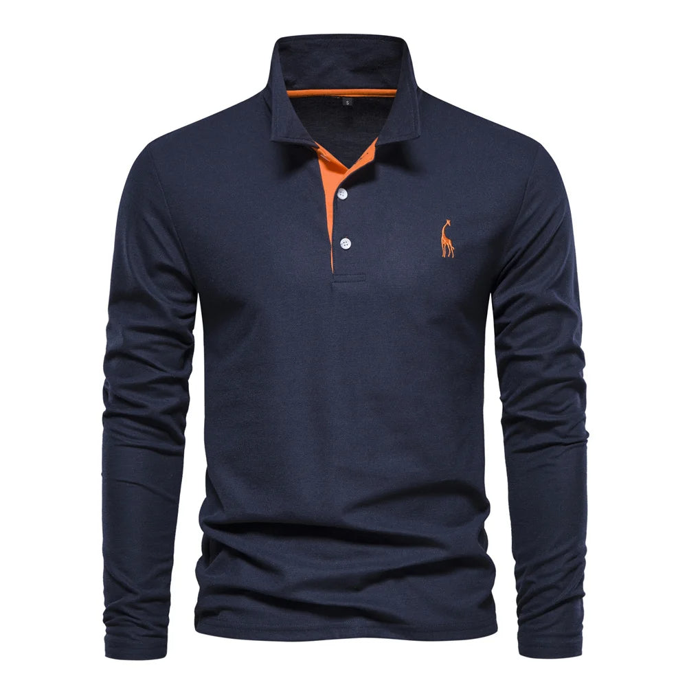 Soft Classic Mens Long Sleeve Polo - Collared Cotton Casual Navy Orange - Tophatter Daily Deals