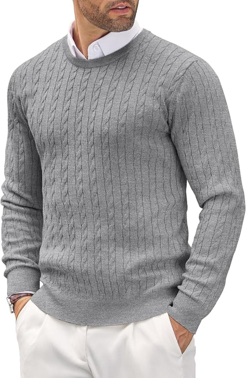 Fitted Men's Knit Sweater - Slim Cable Knit, Cotton, Casual Gray - Tophatter Daily Deals