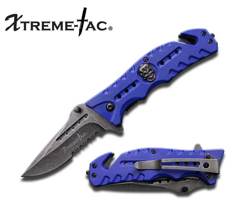 Blue Tactical Rescue Folder Spring Assisted Knife Serrated Blade - TOPHATTER'S ARMORY DEALS Collectible Weapons - Tophatter Daily Deals