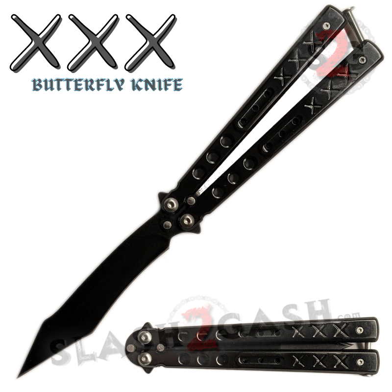 XXX Butterfly Knife SHARP Steel Balisong Recurve Blade - Asst. Colors Black - Recurve Blade Knife-Balisong - Tophatter Daily Deals