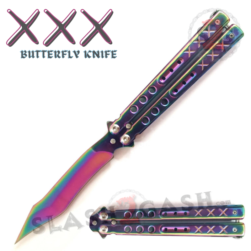 XXX Rainbow Butterfly Knife SHARP Steel Balisong - Recurve Blade Knife-Balisong - Tophatter Daily Deals