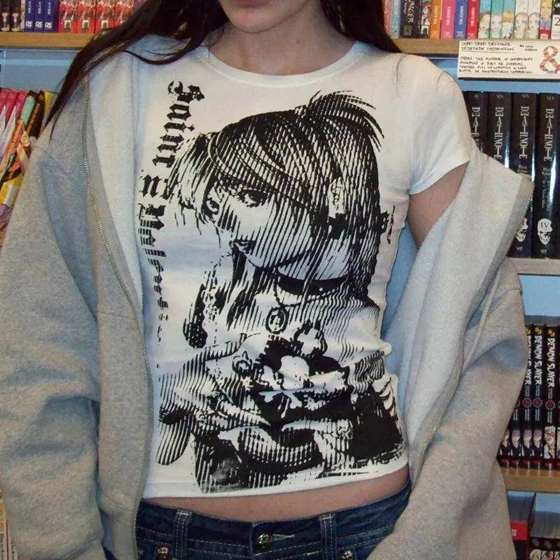 Y2K Anime Streetwear O-Neck 90S Text Printing Tops Women Harajuku Clothes Simple Vintage Crop Tee Aesthetic Emo Casual T-Shirt - Tophatter Daily Deals