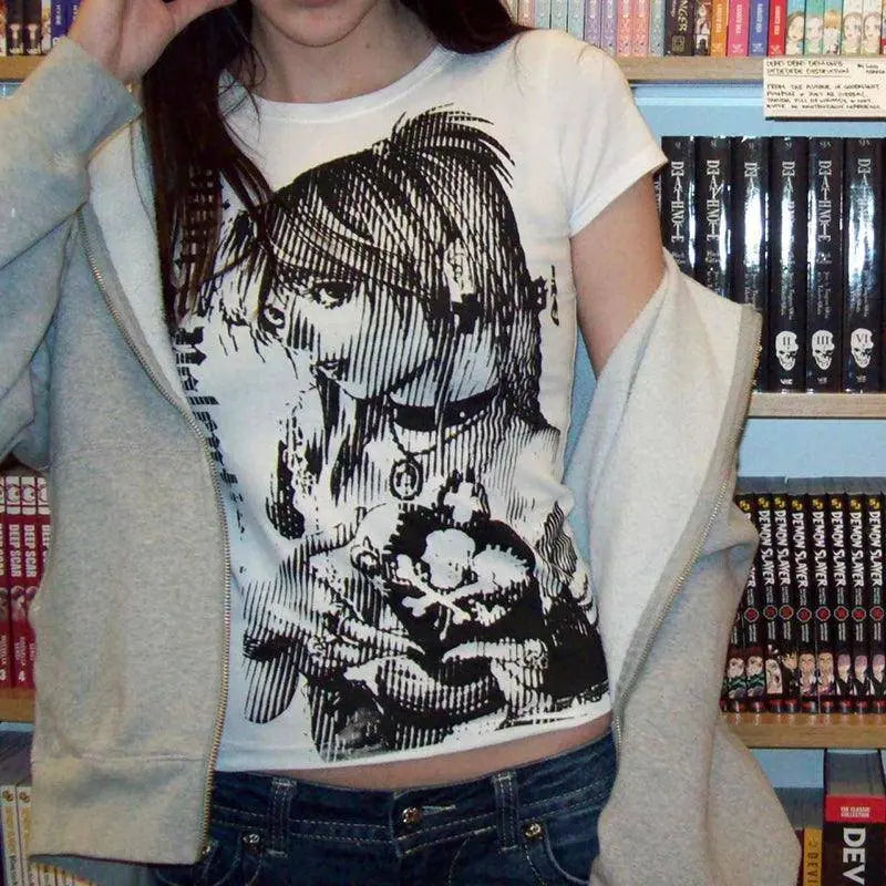 Y2K Anime Streetwear O-Neck 90S Text Printing Tops Women Harajuku Clothes Simple Vintage Crop Tee Aesthetic Emo Casual T-Shirt - Tophatter Daily Deals