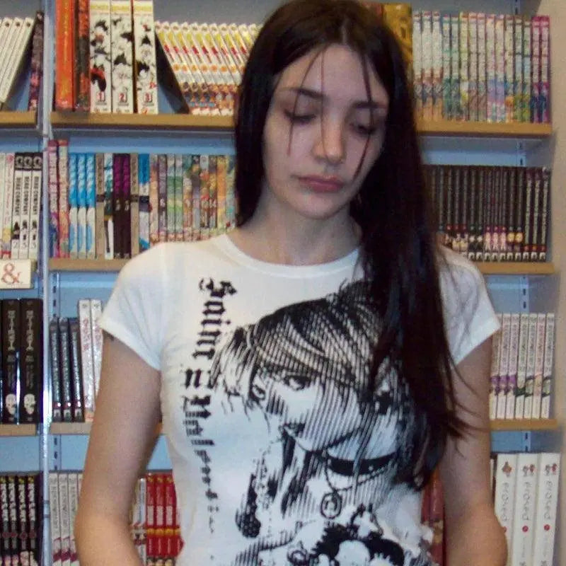 Y2K Anime Streetwear O-Neck 90S Text Printing Tops Women Harajuku Clothes Simple Vintage Crop Tee Aesthetic Emo Casual T-Shirt - Tophatter Daily Deals