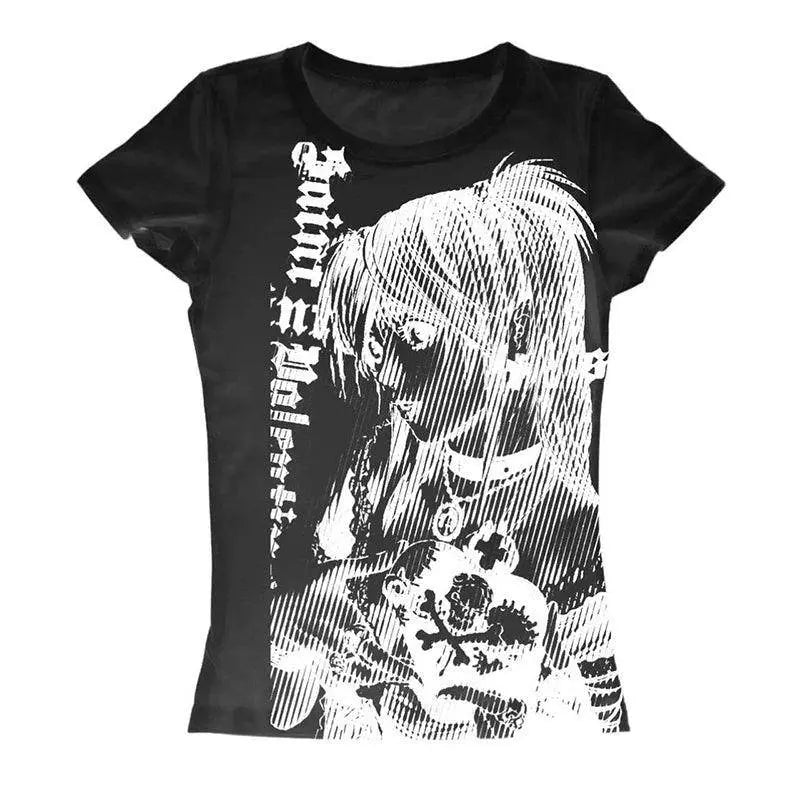 Y2K Anime Streetwear O-Neck 90S Text Printing Tops Women Harajuku Clothes Simple Vintage Crop Tee Aesthetic Emo Casual T-Shirt Black - Tophatter Daily Deals
