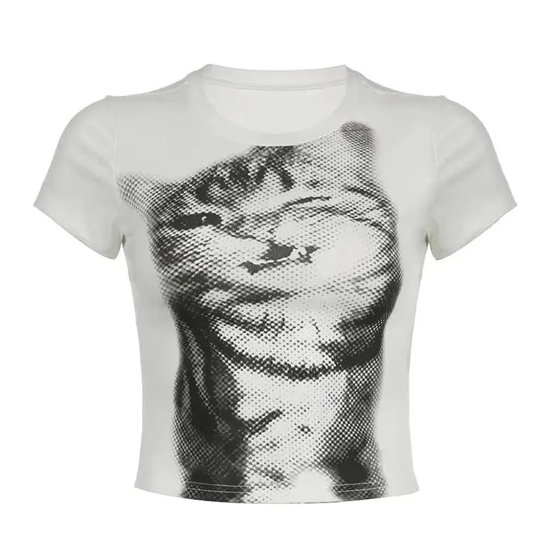 Y2K Cat Print Crop Top O Neck Short Sleeve Vintage Cute Grunge Aesthetic T Shirt Women Harajuku Aesthetic Tee Korean White - Tophatter Daily Deals