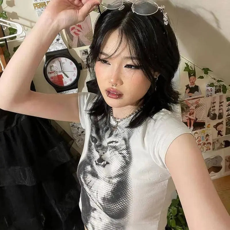 Y2K Cat Print Crop Top O Neck Short Sleeve Vintage Cute Grunge Aesthetic T Shirt Women Harajuku Aesthetic Tee Korean - Tophatter Daily Deals