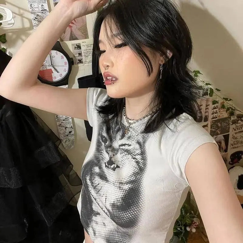 Y2K Cat Print Crop Top O Neck Short Sleeve Vintage Cute Grunge Aesthetic T Shirt Women Harajuku Aesthetic Tee Korean - Tophatter Daily Deals