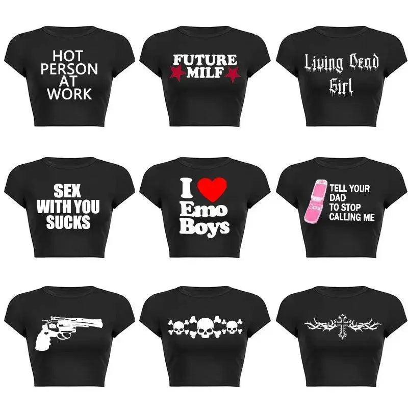 Y2K Clothes Letter Print 2000S Goth Kawaii Harajuku Fairy Grunge Short Top Women T-shirt Summer Fashion Baby Tee E-girl Crop Top - Tophatter Daily Deals