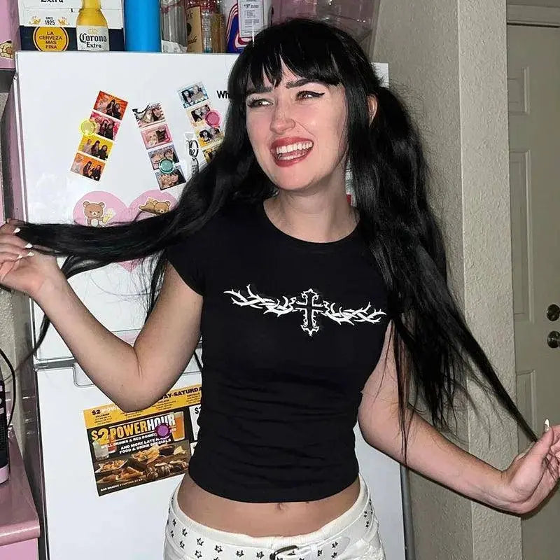 Y2K Clothes Letter Print 2000S Goth Kawaii Harajuku Fairy Grunge Short Top Women T-shirt Summer Fashion Baby Tee E-girl Crop Top ts00067-black - Tophatter Daily Deals