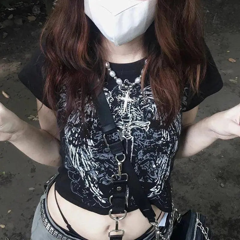 Y2K Clothes Letter Print 2000S Goth Kawaii Harajuku Fairy Grunge Short Top Women T-shirt Summer Fashion Baby Tee E-girl Crop Top - Tophatter Daily Deals