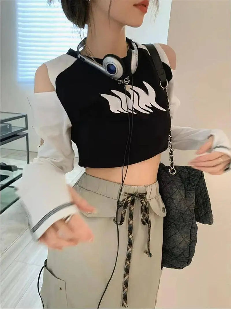 Y2K European and American off Shoulder Traf Hollow T-Shirt | Spicy Girl Black - Tophatter Daily Deals