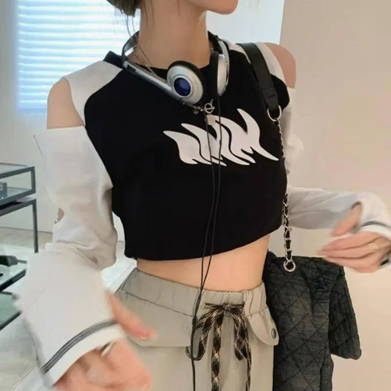 Y2K European and American off Shoulder Traf Hollow T-Shirt | Spicy Girl - Tophatter Daily Deals