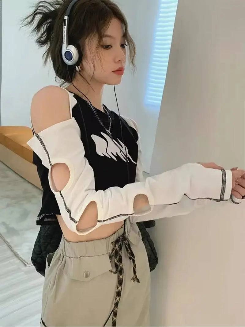 Y2K European and American off Shoulder Traf Hollow T-Shirt | Spicy Girl - Tophatter Daily Deals