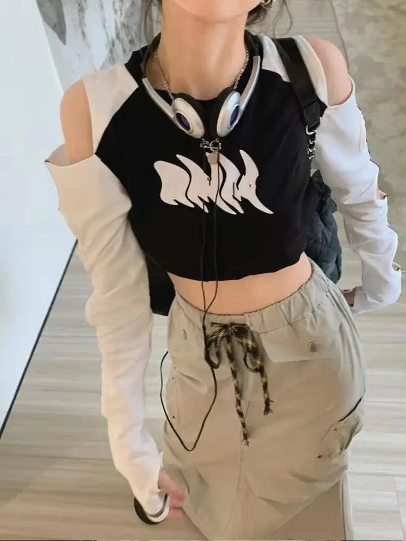 Y2K European and American off Shoulder Traf Hollow T-Shirt | Spicy Girl - Tophatter Daily Deals