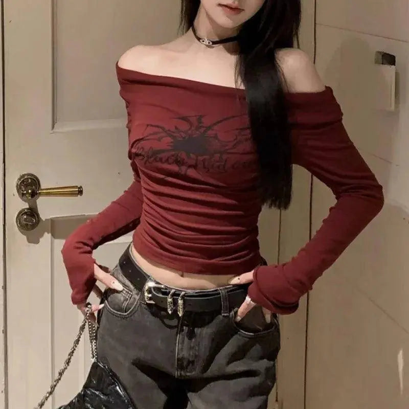 Y2K Gothic Grunge T Shirts off Shoulder 2025 Autumn Streetwear Fairycore Hip Hop Tops Punk Casual Tees - Tophatter Daily Deals