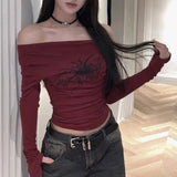 Y2K Gothic Grunge T Shirts off Shoulder 2025 Autumn Streetwear Fairycore Hip Hop Tops Punk Casual Tees - Tophatter Daily Deals