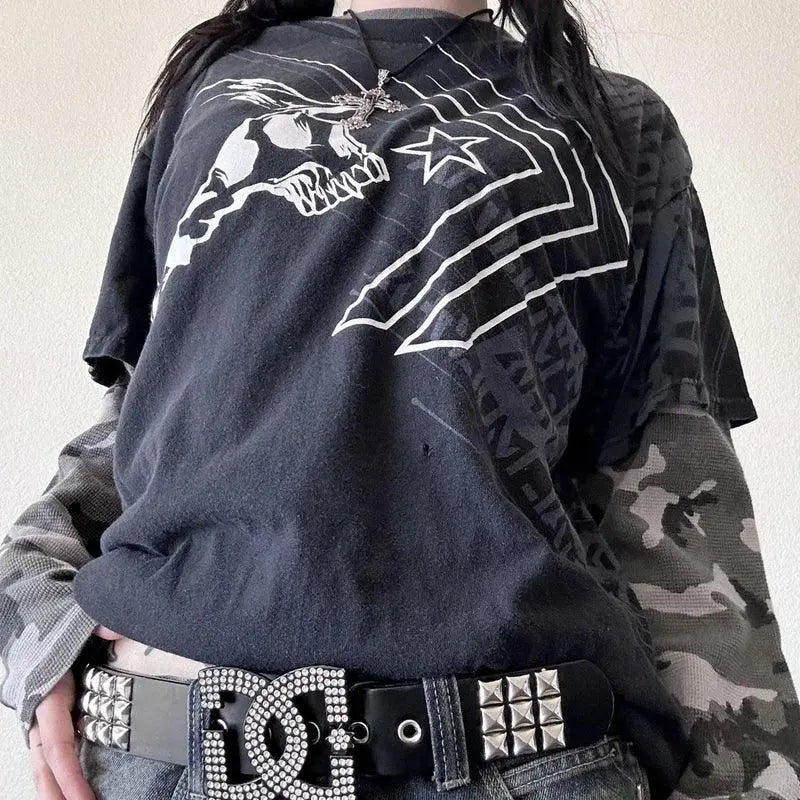 Y2K Grunge Emo Vintage T-shirt 2000s Cross Cyber Goth Patchwork Long Sleeve Tees E-girl Gothic Harajuku Loose Tops Women Men M - Tophatter Daily Deals