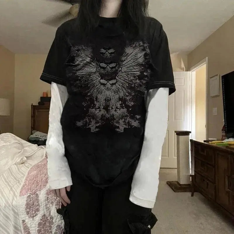 Y2K Grunge Emo Vintage T-shirt 2000s Cross Cyber Goth Patchwork Long Sleeve Tees E-girl Gothic Harajuku Loose Tops Women Men - Tophatter Daily Deals