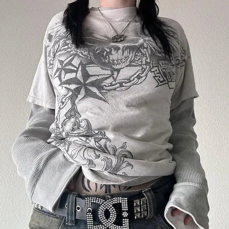 Y2K Grunge Emo Vintage T-shirt 2000s Cross Cyber Goth Patchwork Long Sleeve Tees E-girl Gothic Harajuku Loose Tops Women Men K - Tophatter Daily Deals