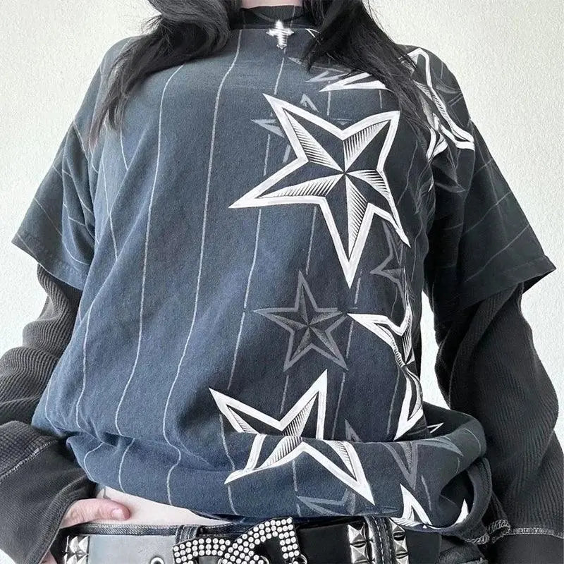 Y2K Grunge Emo Vintage T-shirt 2000s Cross Cyber Goth Patchwork Long Sleeve Tees E-girl Gothic Harajuku Loose Tops Women Men - Tophatter Daily Deals