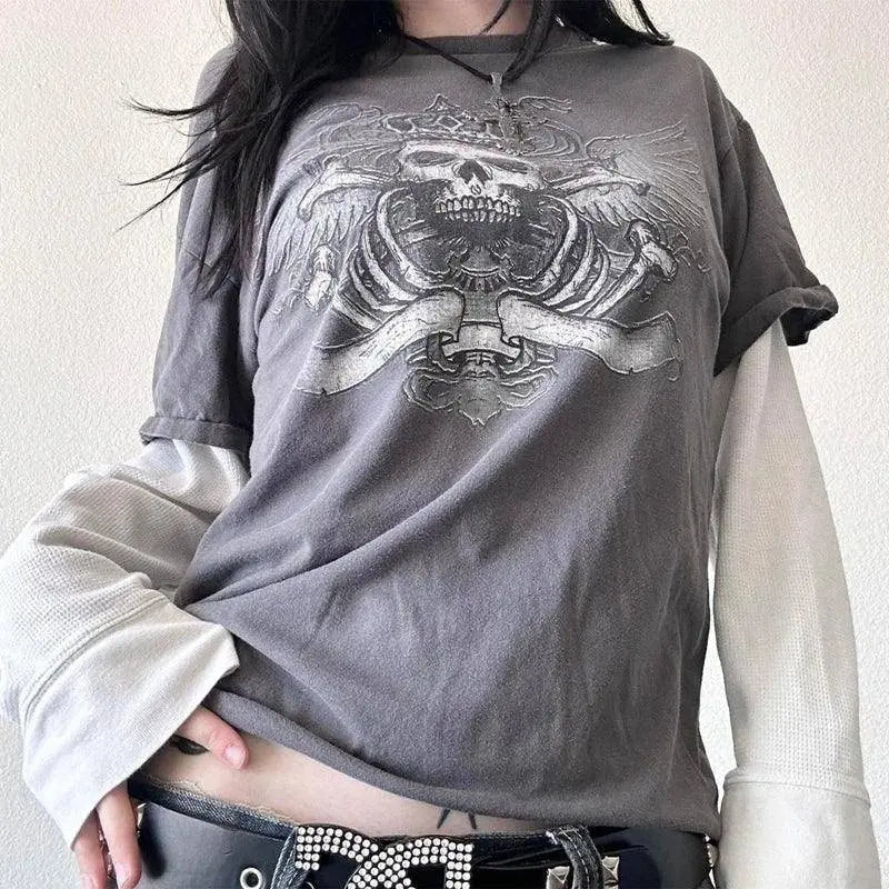 Y2K Grunge Emo Vintage T-shirt 2000s Cross Cyber Goth Patchwork Long Sleeve Tees E-girl Gothic Harajuku Loose Tops Women Men - Tophatter Daily Deals