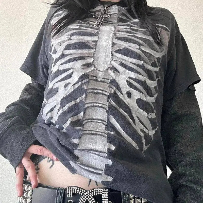 Y2K Grunge Emo Vintage T-shirt 2000s Cross Cyber Goth Patchwork Long Sleeve Tees E-girl Gothic Harajuku Loose Tops Women Men J S - Tophatter Daily Deals