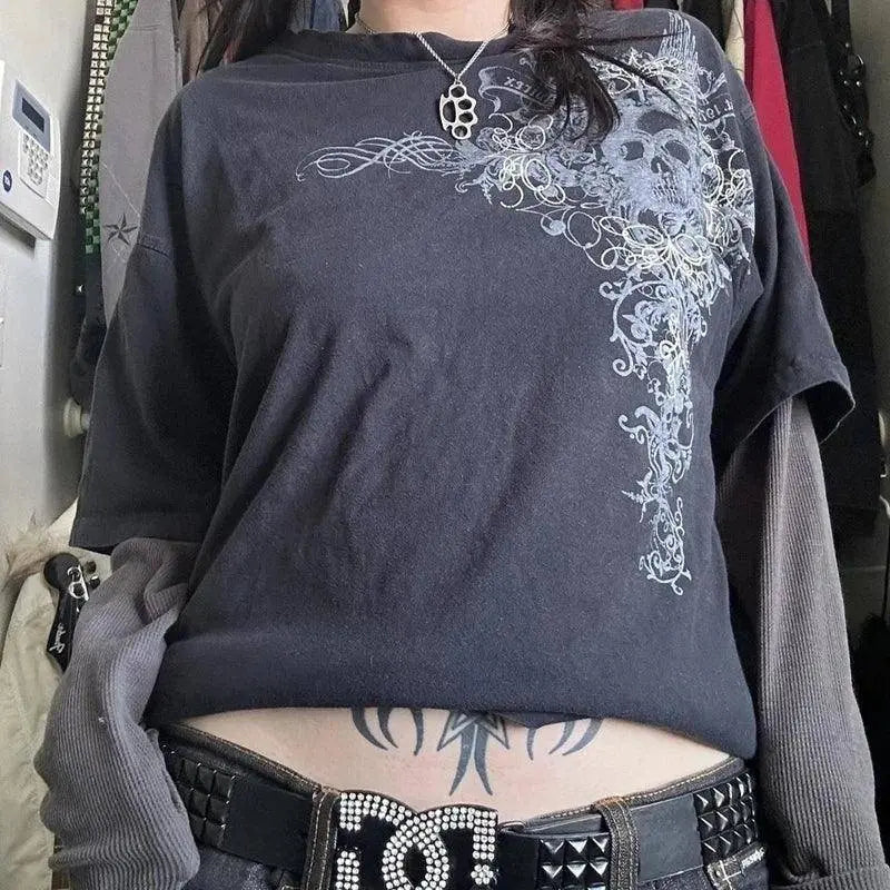 Y2K Grunge Emo Vintage T-shirt 2000s Cross Cyber Goth Patchwork Long Sleeve Tees E-girl Gothic Harajuku Loose Tops Women Men - Tophatter Daily Deals