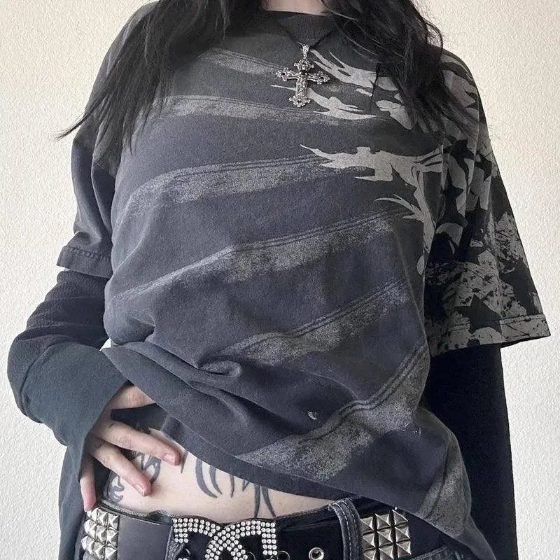 Y2K Grunge Emo Vintage T-shirt 2000s Cross Cyber Goth Patchwork Long Sleeve Tees E-girl Gothic Harajuku Loose Tops Women Men - Tophatter Daily Deals