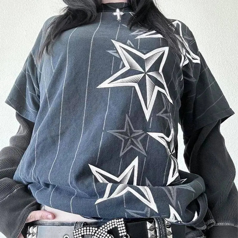 Y2K Grunge Emo Vintage T-shirt 2000s Cross Cyber Goth Patchwork Long Sleeve Tees E-girl Gothic Harajuku Loose Tops Women Men H - Tophatter Daily Deals