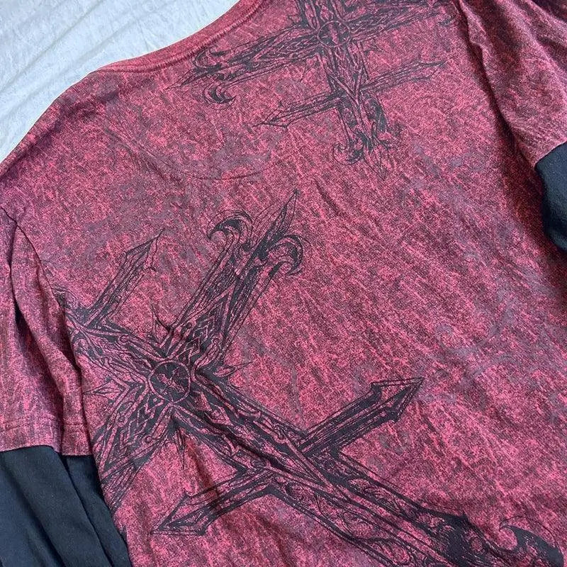 Y2K Grunge Emo Vintage T-shirt 2000s Cross Cyber Goth Patchwork Long Sleeve Tees E-girl Gothic Harajuku Loose Tops Women Men - Tophatter Daily Deals