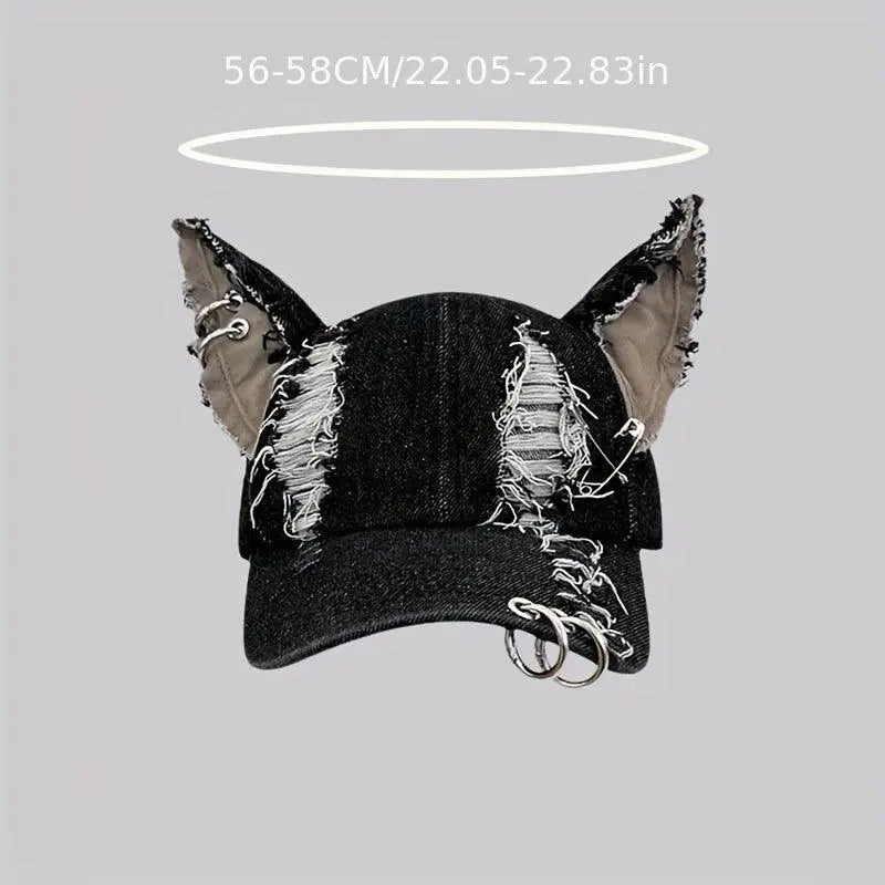 Y2K-Inspired Distressed Denim Baseball Cap with 3D Ears - Adjustable, Lightweight & Sun-Protective for Women - Tophatter Daily Deals