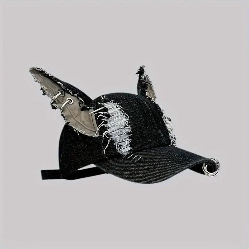 Y2K-Inspired Distressed Denim Baseball Cap with 3D Ears - Adjustable, Lightweight & Sun-Protective for Women - Tophatter Daily Deals