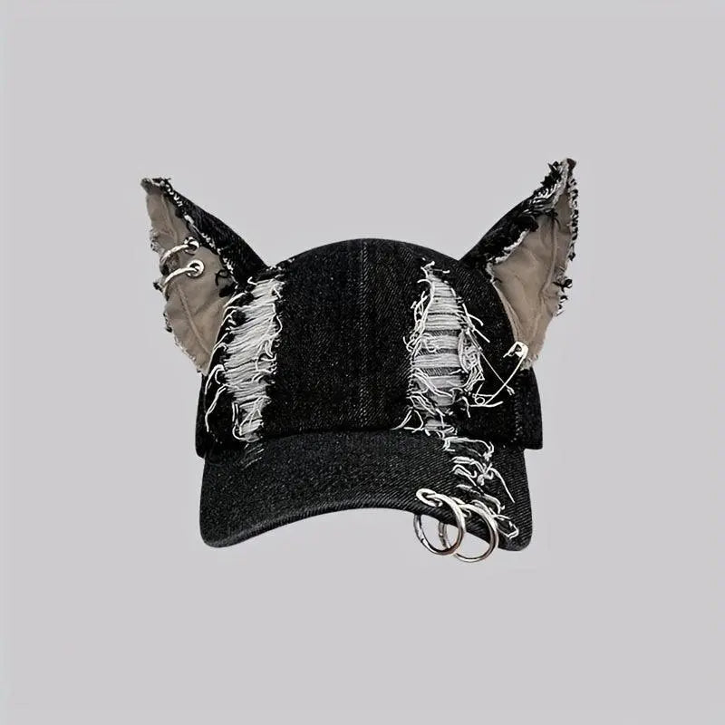 Y2K-Inspired Distressed Denim Baseball Cap with 3D Ears - Adjustable, Lightweight & Sun-Protective for Women - Tophatter Daily Deals