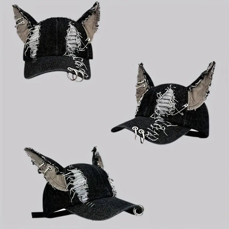 Y2K-Inspired Distressed Denim Baseball Cap with 3D Ears - Adjustable, Lightweight & Sun-Protective for Women - Tophatter Daily Deals