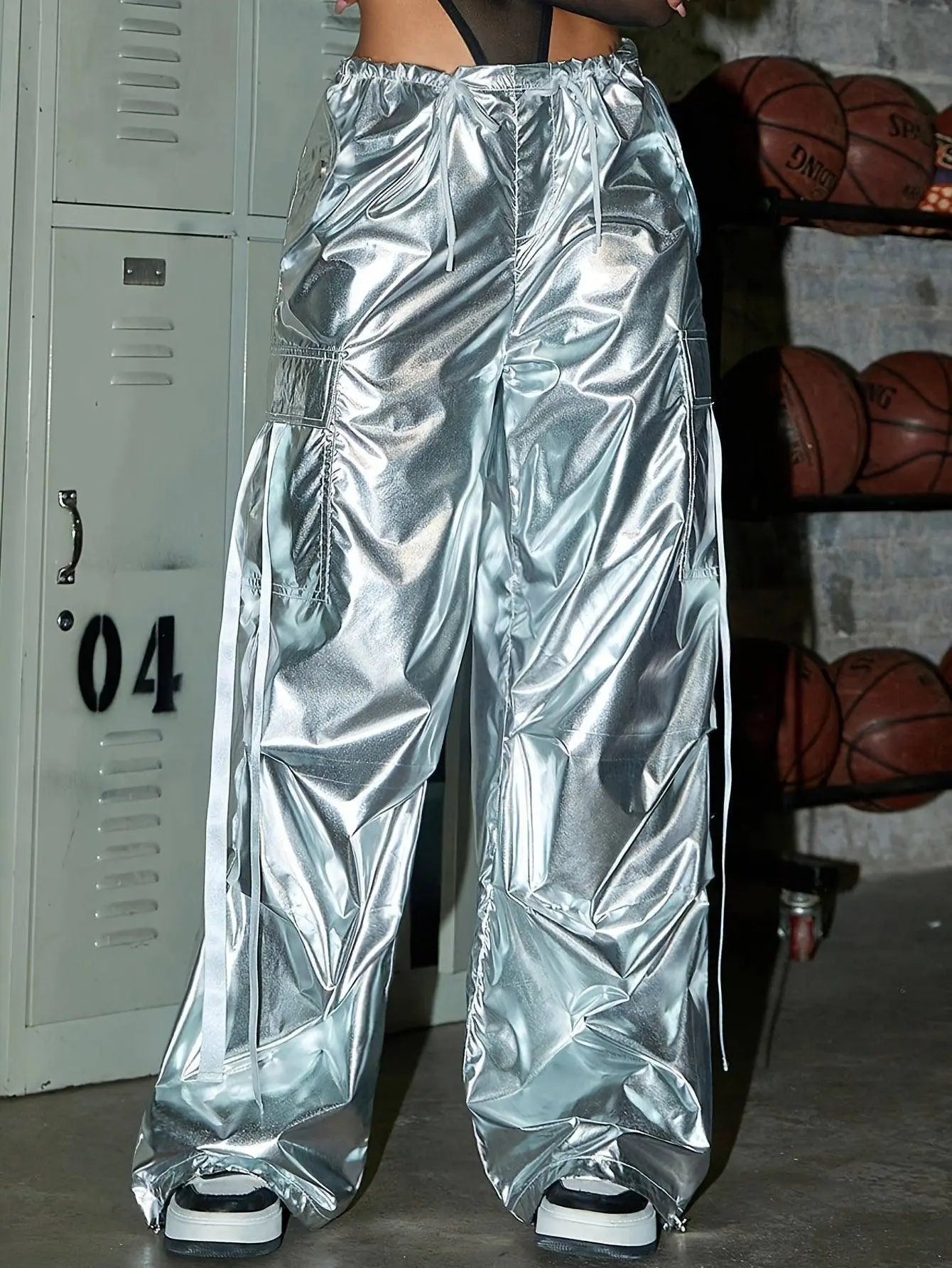 Y2K Party Style Metallic Color Silver Tone Loose Fit Streetwear Drawstring Elastic Waistband Cargo Jeans, Women's Denim Jeans & Clothing - Tophatter Daily Deals