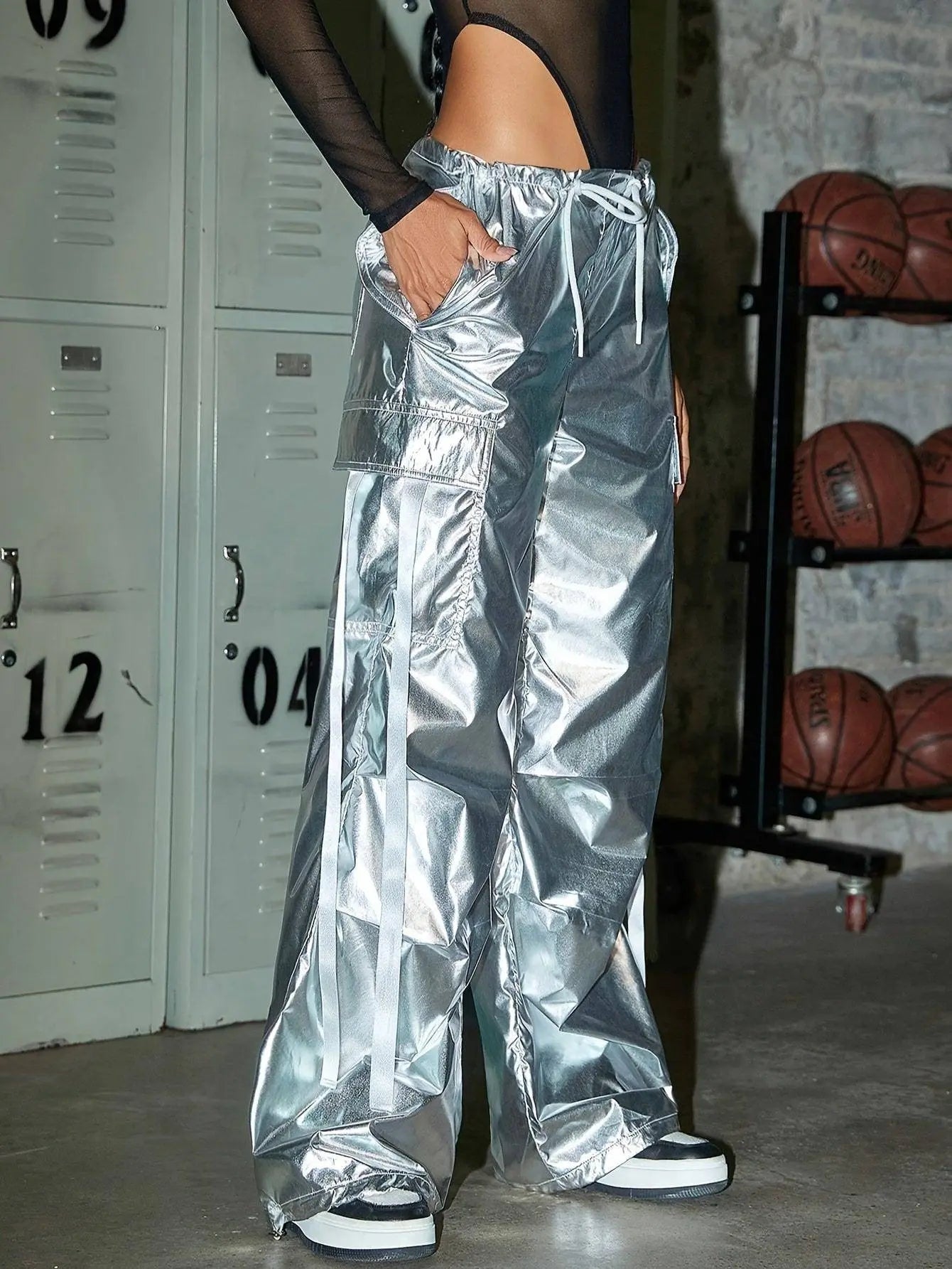 Y2K Party Style Metallic Color Silver Tone Loose Fit Streetwear Drawstring Elastic Waistband Cargo Jeans, Women's Denim Jeans & Clothing - Tophatter Daily Deals