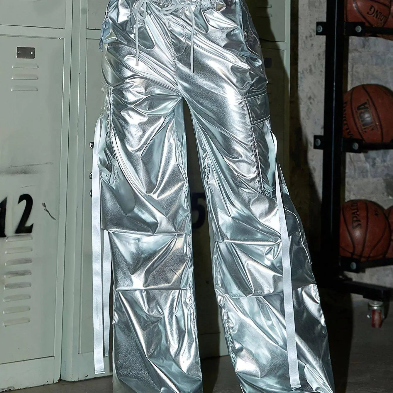 Y2K Party Style Metallic Color Silver Tone Loose Fit Streetwear Drawstring Elastic Waistband Cargo Jeans, Women's Denim Jeans & Clothing Silvery - Tophatter Daily Deals