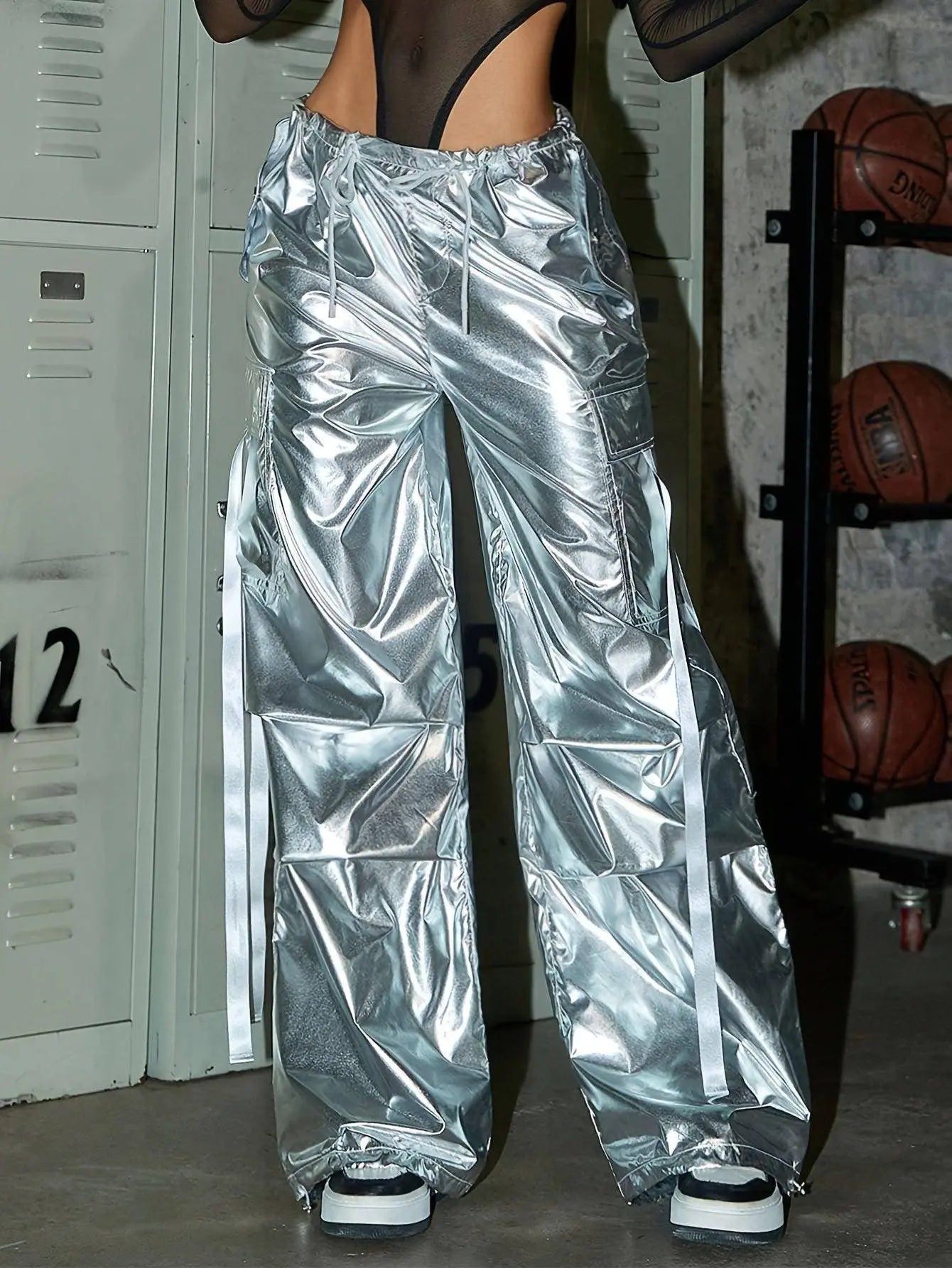 Y2K Party Style Metallic Color Silver Tone Loose Fit Streetwear Drawstring Elastic Waistband Cargo Jeans, Women's Denim Jeans & Clothing - Tophatter Daily Deals