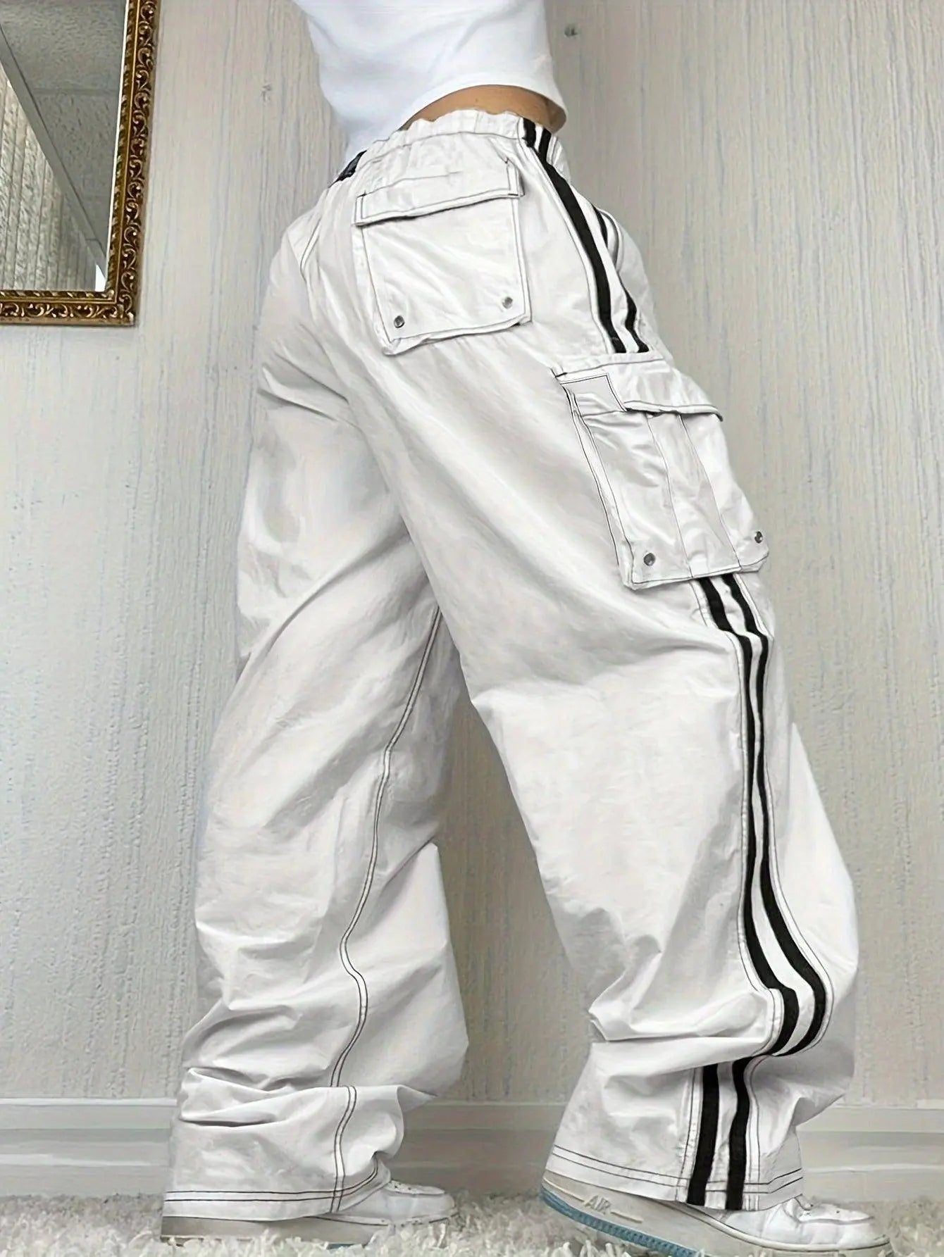 Y2K Striped Side Cargo Pants, Casual Streetwear Hip-hop Drawstring Flap Pocket Pants For Spring & Fall, Women's Clothing - Tophatter Daily Deals