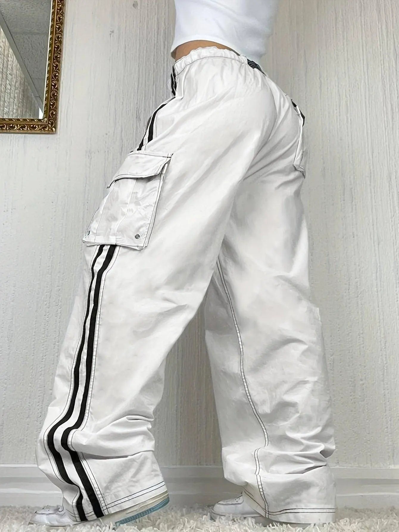 Y2K Striped Side Cargo Pants, Casual Streetwear Hip-hop Drawstring Flap Pocket Pants For Spring & Fall, Women's Clothing - Tophatter Daily Deals