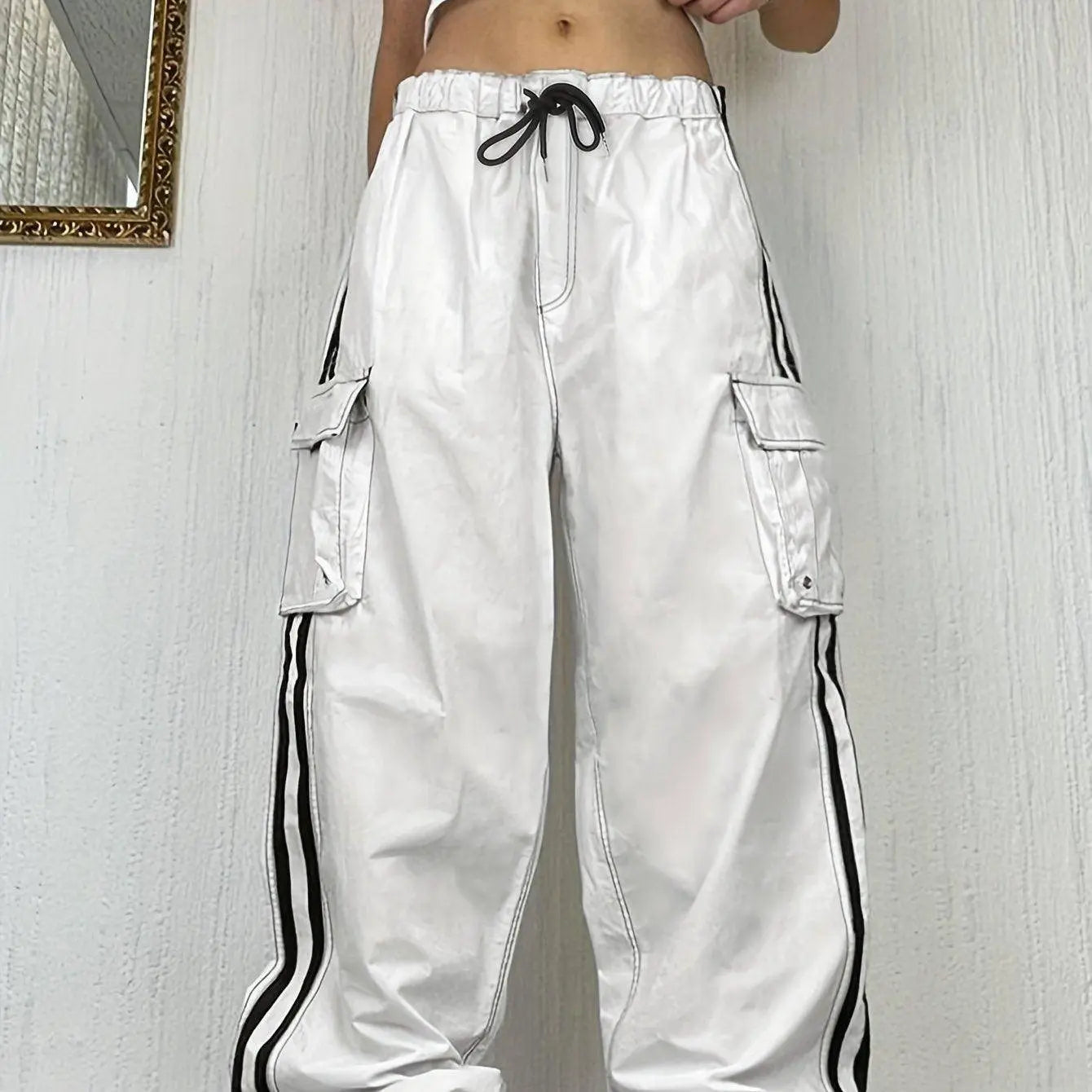 Y2K Striped Side Cargo Pants, Casual Streetwear Hip-hop Drawstring Flap Pocket Pants For Spring & Fall, Women's Clothing White - Tophatter Daily Deals