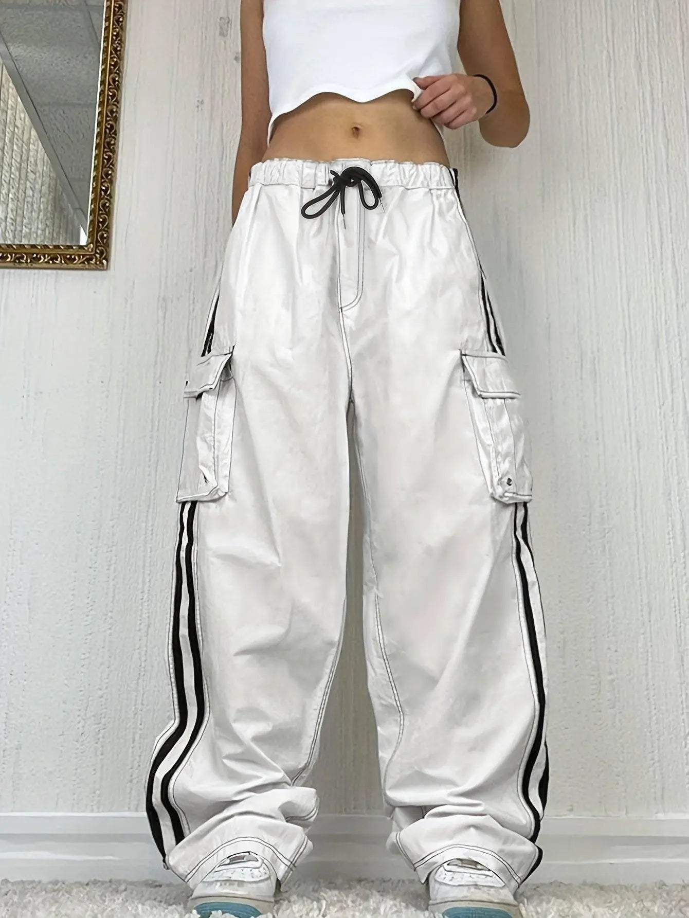 Y2K Striped Side Cargo Pants, Casual Streetwear Hip-hop Drawstring Flap Pocket Pants For Spring & Fall, Women's Clothing - Tophatter Daily Deals