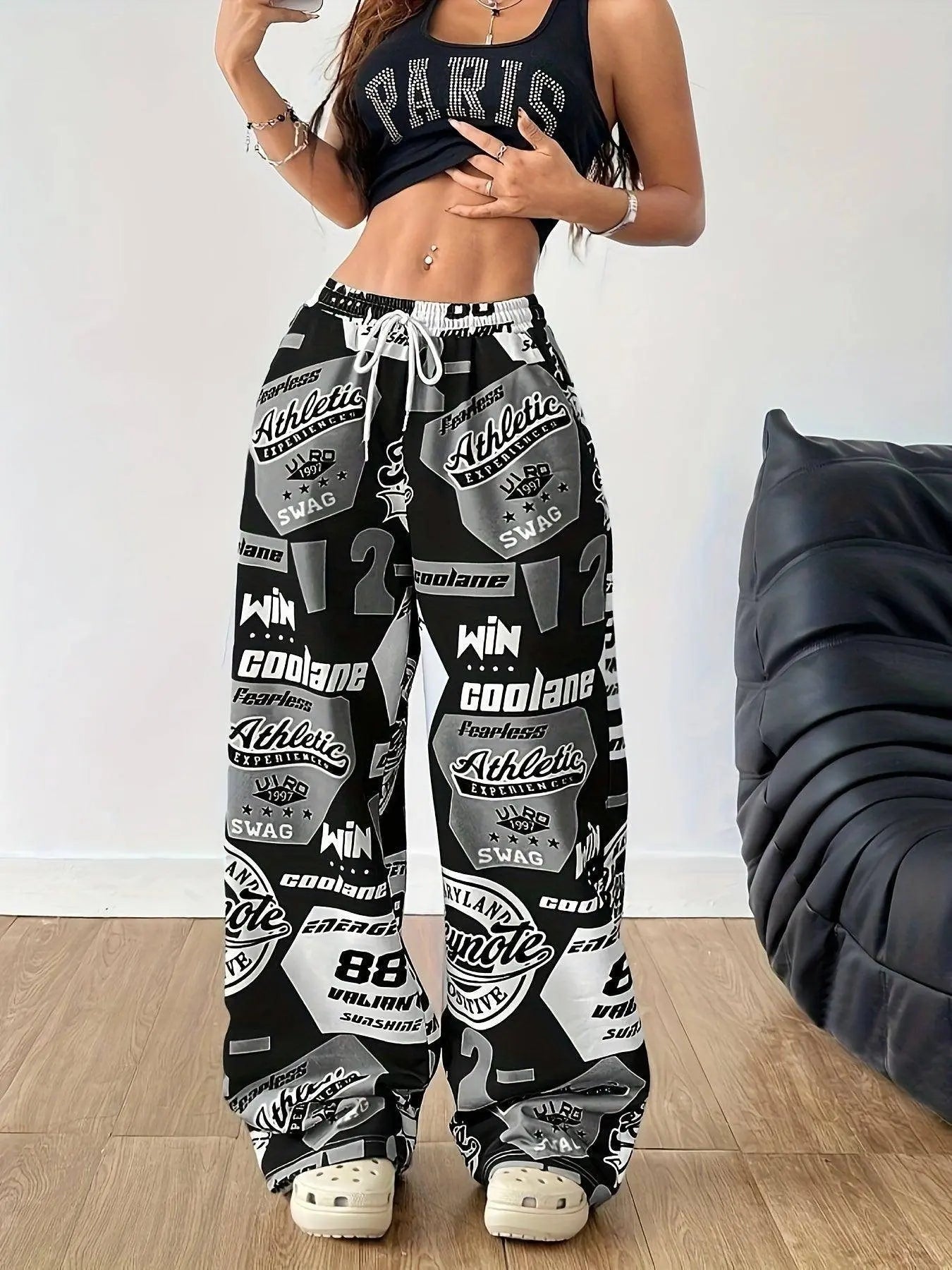 Y2K Style Women's Plus-Size Knit Sweatpants with Drawstring, Polyester Athletic Print Pants, Alphabet Pattern, All-Season Adult Loungewear - Tophatter Daily Deals