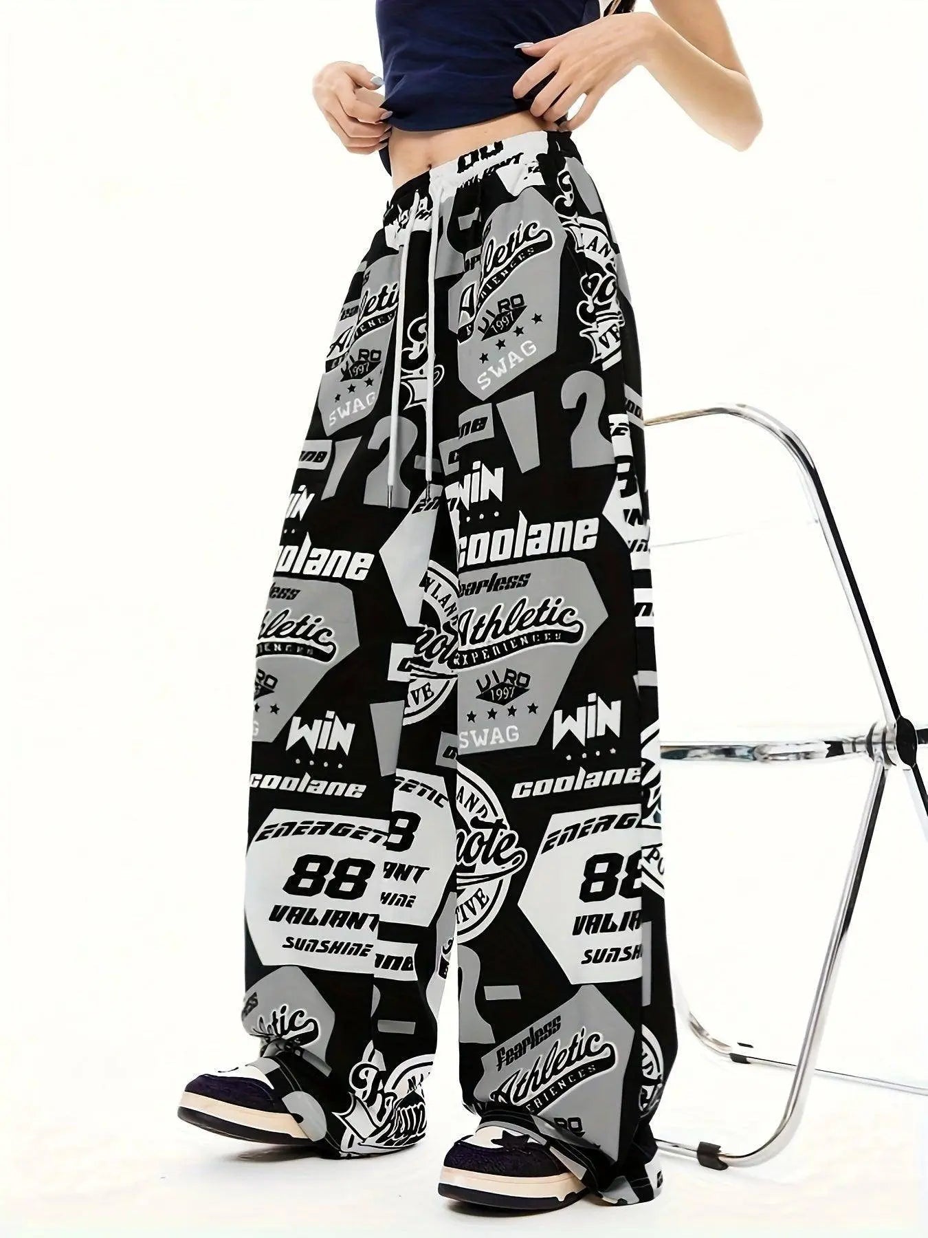 Y2K Style Women's Plus-Size Knit Sweatpants with Drawstring, Polyester Athletic Print Pants, Alphabet Pattern, All-Season Adult Loungewear - Tophatter Daily Deals