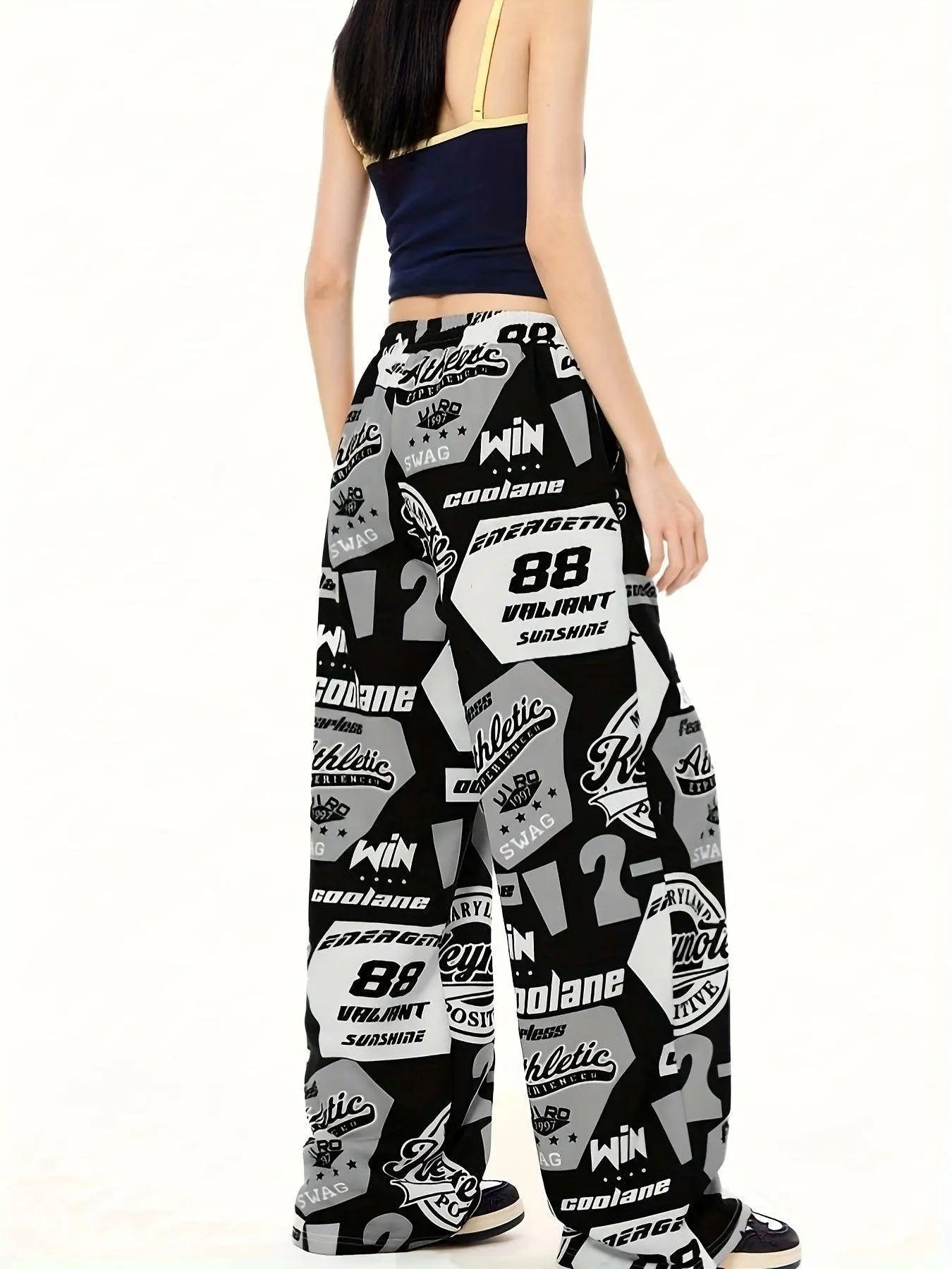 Y2K Style Women's Plus-Size Knit Sweatpants with Drawstring, Polyester Athletic Print Pants, Alphabet Pattern, All-Season Adult Loungewear - Tophatter Daily Deals