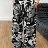 Y2K Style Women's Plus-Size Knit Sweatpants with Drawstring, Polyester Athletic Print Pants, Alphabet Pattern, All-Season Adult Loungewear Black - Tophatter Daily Deals