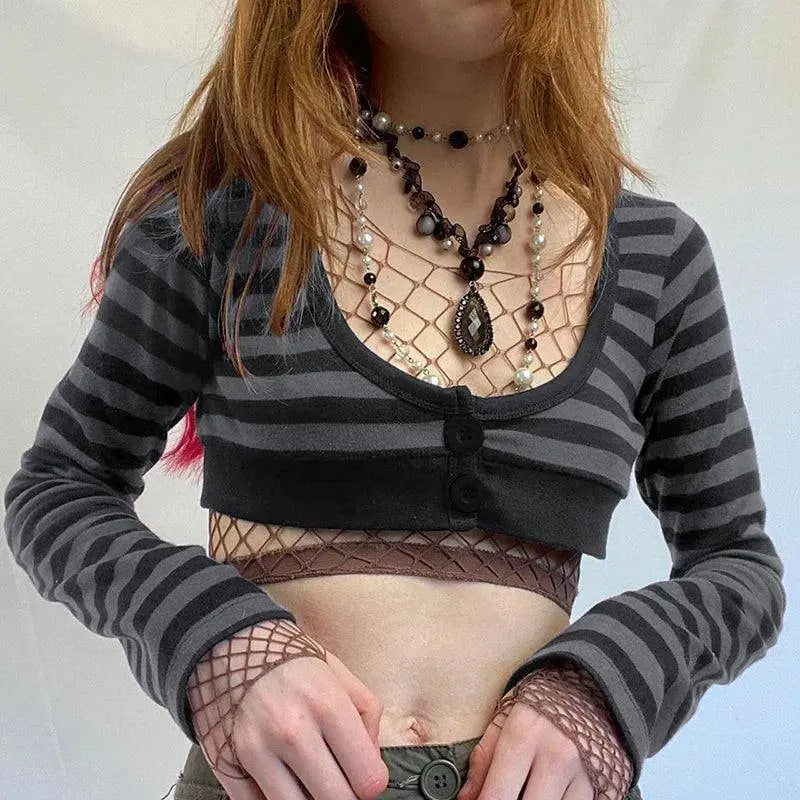 Y2K Vintage Striped Crop Top Casual Button O-neck Long Sleeves Cardigan T-shirt Retro Harajuku Grunge Super-short Smock Top Tees - Tophatter Daily Deals