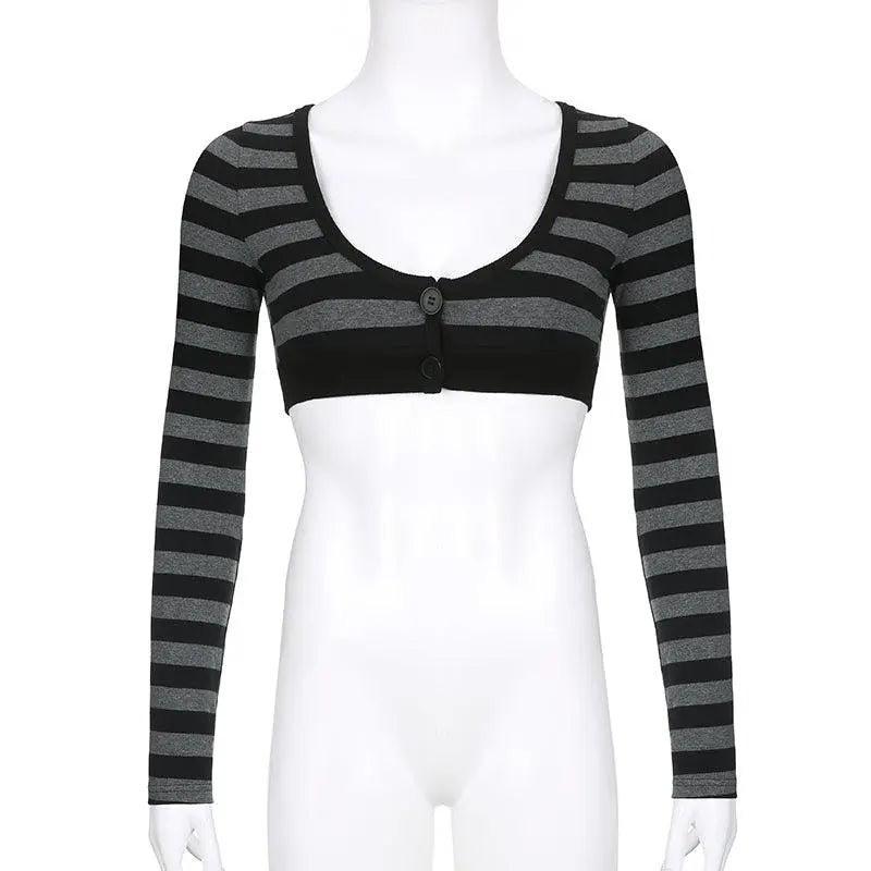 Y2K Vintage Striped Crop Top Casual Button O-neck Long Sleeves Cardigan T-shirt Retro Harajuku Grunge Super-short Smock Top Tees - Tophatter Daily Deals