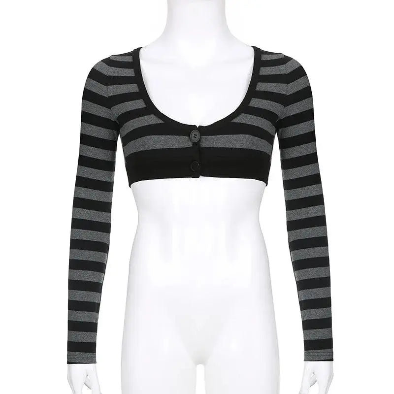 Y2K Vintage Striped Crop Top Casual Button O-neck Long Sleeves Cardigan T-shirt Retro Harajuku Grunge Super-short Smock Top Tees - Tophatter Daily Deals